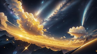 soaring golden clouds, holographic sky, space, star dust, without people