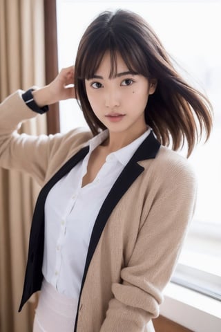 UHD, retina, Masterpiece, ccurate, Anatomically accurate., textured skin, super detaill, high detailed, High Quality, Award-Standing, Best Quality, high resolucion, 4k, Women over 20 years of age, adult woman, pixie cut, bangs, Beautiful Woman in Japan、beautiful asian woman、Beautiful Korean Woman、Sexual facial expressions, sexy poses, beautifull face, Black eyes, white skinned, small mouth, High cheekbones (definition), Dynamic pose, 1 beautiful Japanese girl, supermodel, , realhands, , mole under eye,

school uniform, blazer, cardigan, jacket, long sleeves, checked skirt,

white panties,cameltoe,
, skirt_lift
