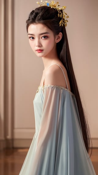 (young girl, teen girl, female teen, cute, teen, look at viewer), best quality, masterpiece, indoors, (realistic:1.5), (high detailed skin:1.1), catwalk, runway, hair ornament