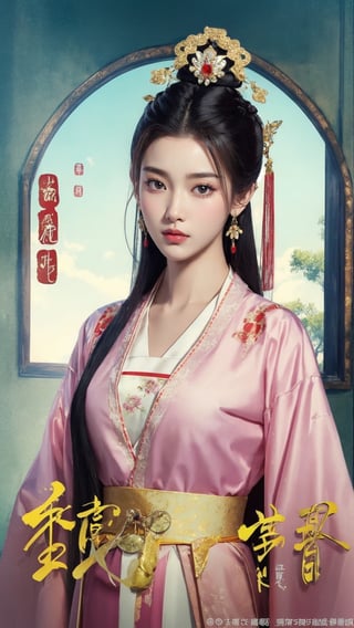 fairy hanfu, 1girl, solo, long hair, looking at viewer, black hair, hair ornament, jewelry, upper body, earrings, black eyes, chinese clothes, realistic, chinese text, hanfu, tienhiep,Hanfu,tienhiep