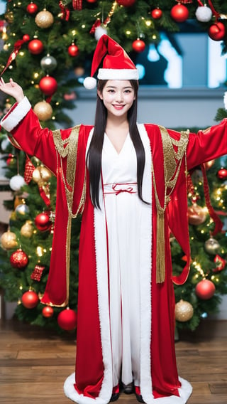 wallpaper character,
1girl, solo, (full body), santa suit, christmas_hat, smile, 
1girl, solo, telephoto lens, exquisite facial features, perfect face, glowing skin, long hair,tienhiep,hanfu