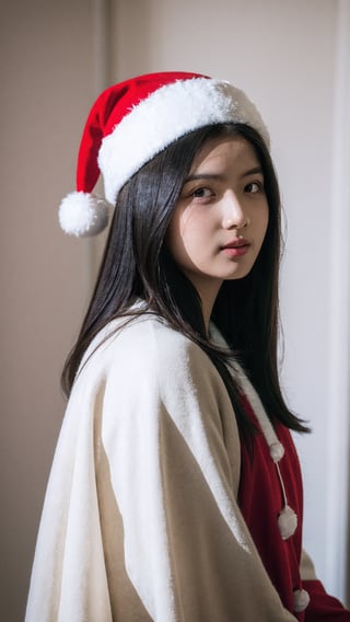 1girl, young girl, teen female, soft light, rim light, film grain, beautiful shadow, low key, (photorealistic, raw photo:1.2), (natural skin texture, realistic eye and face details), hyperrealism, ultra high res, 4K, Best quality, masterpiece, christmas hat, santa outfit, looking at viewer, long black hair, realistic, full body