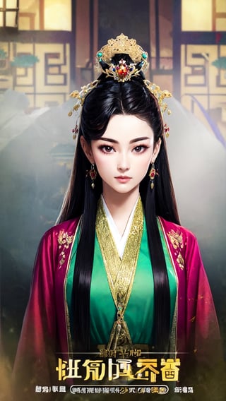 fairy hanfu, 1girl, solo, long hair, looking at viewer, black hair, hair ornament, jewelry, upper body, earrings, black eyes, chinese clothes, realistic, chinese text, hanfu, tienhiep,Hanfu,tienhiep