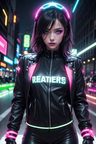 woman biker. neon colors,  intense make-up