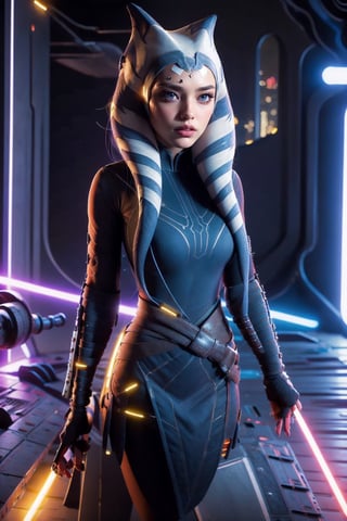 intense make-up, intense make-up colors, big breasts, 
Woman. Oval face. 
two light sabers
outfit with golden and neon intricate futuristic details,hourglass body shape,Futuristic room, ahsokatano