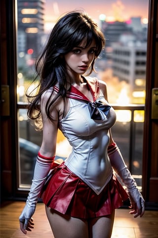  thin mature very tall Woman.
Long Oval face. Windy
Wide shoulders
Black hair. Sailor Mars. white sailor outfit with red skirt with pleats.  Red long gloves.
Intense fire, dramatic light
Tokyo at night in the background.
hourglass body shape,Futuristic room,sailor mars