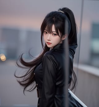 rainy night street, 18 year old korean girl, korean pop idol style, beautiful face, ponytail, black_long_coat, black_tight_pants, black_tank_top, knights (ensemble stars!), katana, Detailedface, detailed face, detailed eyes, magic realism, dynamic action style, clear subject, ultra realistic Ultra detailed, OC rendering, blender, high detail, ultra high quality,  