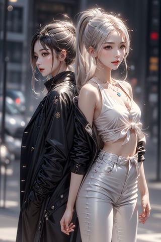 Step-Siblings, Two Korean pop idol style girl standing back to back. Younger_Sister is wearing Black_tank_top, Black_tight_pants_pants, Black_long_coat, Happy_face, Small_breasts, and Black_ponytail.
Older_Sister is wearing White_crop_t-shirt, White_tight_pants_pants, White_trench_coat, Expression_Face, Mmedium_breasts and Silver_long_hair.
Masterpiece, Top Quality, Beauty and Aesthetics, Extremely Detailed, Abstract, Fractal Art, Perfect_fingers,Spirit Fox Pendant