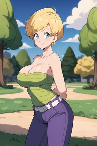 masterpiece, best quality,  erasa, blonde hair, earrings, green shirt, striped, strapless, cleavage, white belt, purple pants, large breasts, cowboy shot, smile, arms behind back, park, city, trees, grass, looking at viewer,erasa