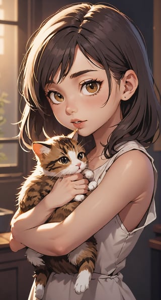 A stunning oil painting of a glamorous portrait of a little girl cradling a kitten in her arms. The image is bathed in cinematic lighting that creates a warm and evocative glow on the scene. The depth of field is beautifully crafted, drawing attention to the tender moment between the child and her beloved pet. The artwork captures an intriguing combination of hyperrealistic detail, precise architectural lighting, plastic and neon-like materials. Additionally, there are precisely anatomical elements which give a sense of realism to the image. The whole piece is masterfully crafted with great attention paid to every detail in order to create a truly stunning visual experience,1girl