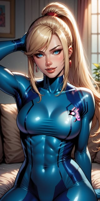 score_9, score_8_up, score_7_up,1girl, solo, long hair, breasts, looking at viewer, smile, bangs, blue eyes, blonde hair, jewelry, medium breasts, sitting, ponytail, earrings, parted lips, artist name, arm up, lips, bodysuit, covered navel, watermark, skin tight, web address, patreon username, blue bodysuit, zero suit, samus aran,Comics style pony,