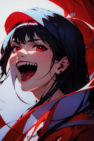 bznoir, 1girl, solo, long hair, looking at viewer, smile, open mouth, black hair, red eyes, teeth, glowing, sharp teeth, portrait, red background, red theme, crazy eyes, crazy smile