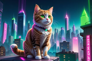 A cute cat lost in on a rooftop looking at the city, with bright green eyes and a pink nose, wanders through the neon-lit streets of a futuristic city. Lost and alone, it meows for help as it navigates through the towering buildings and bustling crowds.