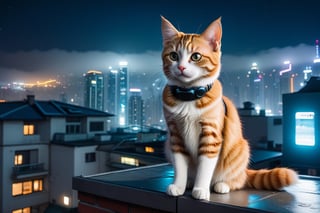 A cute cat lost in on a rooftop happy looking at the city futuristic cyberpunk, a night where the city lights and fog create a very pleasant atmosphere. lens 24mm F1.8