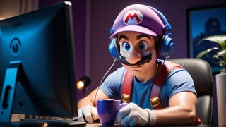 a cute adult mario bros with a smile working of what you like as a programmer in his setup at night, with his coffee, concentrated and listening to music with headphones. Enviroment minimal, the lighting in your environment is a low lighting warm with shades of violet and blue. .The camera with very shallow depth of field type F1.2, nice bokeh