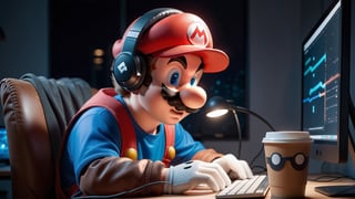 a cute adult mario bros working as a programmer in his setup at night, with his coffee, concentrated and listening to music with headphones. Enviroment minimal