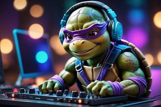 cute teenage ninja turtle with a smile working as a DJ streamer in his setup at night, concentrated and listening to music with headphones. Minimalist atmosphere, the lighting of your environment is soft and warm lighting with violet and blue tones. .The camera with very shallow depth of field type F1.2, beautiful bokeh