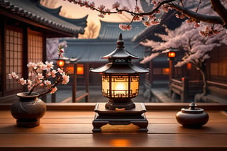 in old dojo incense burner with lantern on a wooden table with flowers, Japanese influenced style, charming lighting, evgeny lushpin, cherry blossoms, dark bronze and amber, Beijing East Village, pieces inspired by nature, highly detailed (close portrait: 1, 3), theme background

