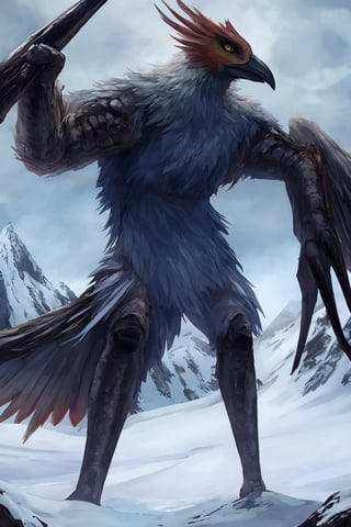 Opium bird, standing, feathers, white feathers, bird, birdman, humanoid, bird head, with extremely long beak, long beak, long mouth, full body, bird legs, bird arms, sinister, terrifying, beautiful , ragged, wide body, fat

High quality, HD, 4kHD, cinematic, atmospheric, realistic, ultra-realistic
snow, mountain, cloudy, gray sky, dark clouds
Detail,lora:largebulg1-000012:1,AIDA_NH_humans,Pixel art,lora:largebulg1-000012:1,lora:largebulg1-000012:1