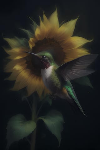 Create an elegant and captivating portrait of a wonderful hummingbird sniffing a sunflower. Use vibrant light and shadow to highlight complex details and jagged edges. Let the dark black and gold textured background accentuate the painting, combining modern styles with neon green and yellow paints, give a touch of pen painting, watercolor and oil techniques. Embrace negative space with captivating brushstrokes and stencil art, evoking beauty and allure.,Digital painting ,<lora:659095807385103906:1.0>