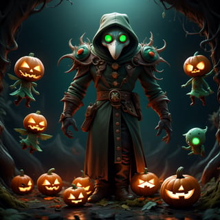 "death prophet" from Dota2 surrounded by her ghosts, glowing green eyes, full body shot, cinematic lighting, gloomy mood, horror,plague doctor,horror,Jack o 'Lantern, jack-o'-lantern monster, little elves with jack-o'-lantern heads, clash of clash, heterochromia,EpicArt,AGE REGRESSION,DonMG414 