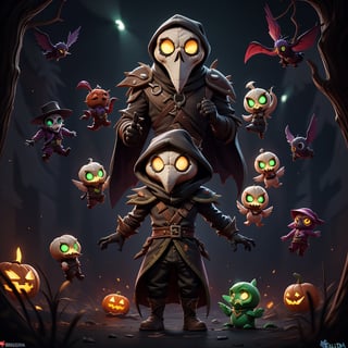 "death prophet" from Dota2 surrounded by her ghosts, glowing green eyes, full body shot, cinematic lighting, gloomy mood, horror,plague doctor,horror,Jack o 'Lantern, jack-o'-lantern monster, little elves with jack-o'-lantern heads, clash of clash, (heterochromia)