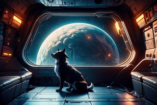 realistic, masterpiece, best quality, cute dog in astronaut suite, ultra high definition, masterpiece, best quality, astroverse, spaceship, nasa, interior of a spaceship, astronaut, astronaut dog, cosmo, space, 3d