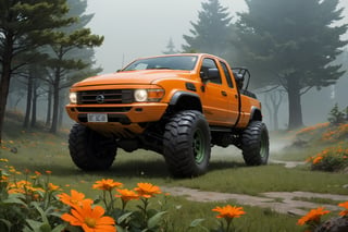  in a green meadow, , in forest, surrounded by nature, fog, bright orange flowers, sunny day, truck with weapons,, high quality, great detail, enveloping atmosphere,,  Spider Tank in a green meadow,non-humanoid robot