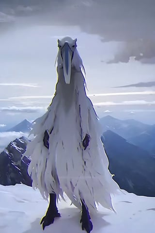 Opium bird, standing, feathers, white feathers, bird, birdman, humanoid, bird head, with extremely long beak, long beak, long mouth, full body, bird legs, bird arms, sinister, terrifying, beautiful , tattered

High quality, HD, 4kHD, cinematic, atmospheric, realistic, ultra-realistic
snow, mountain, cloudy, gray sky, dark cloudsMore Detail,lora:largebulg1-000012:1,AIDA_NH_humans