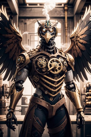 Generates an image of a majestic Steampunk-style robot eagle. Its body is meticulously constructed using intricate clockwork mechanisms, with gears and bronze parts forming its structure. Its rusted metal wings spread elegantly, displaying details of rivets and steam pipes. His eyes shine with an intense golden light, while his beak is adorned with brass ornaments. The eagle stands in an imposing pose, as if it is about to take flight into the steamy skies of a Steampunk city,mechanical,metal
