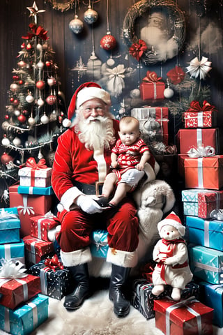 black and white photography.
Santa Claus with a small child on his knee, surrounded by gifts of various colors, Christmas atmosphere

Art style by Kate Baylay,