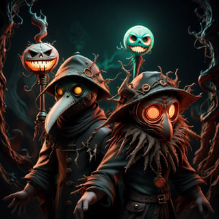 "death prophet" from Dota2 surrounded by her ghosts, glowing green eyes, full body shot, cinematic lighting, gloomy mood, horror,plague doctor,horror,Jack o 'Lantern, jack-o'-lantern monster, little elves with jack-o'-lantern heads, clash of clash, heterochromia,EpicArt,AGE REGRESSION,DonMG414