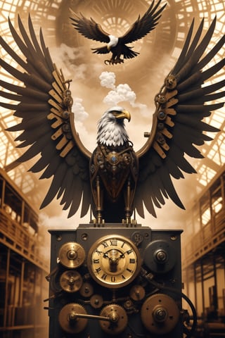 Generates an image of a majestic Steampunk-style robot eagle. Its body is meticulously constructed using intricate clockwork mechanisms, with gears and bronze parts forming its structure. Its rusted metal wings spread elegantly, displaying details of rivets and steam pipes. His eyes shine with an intense golden light, while his beak is adorned with brass ornaments. The eagle stands in an imposing pose, as if it is about to take flight into the steamy skies of a Steampunk city