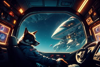 realistic, masterpiece, best quality, cute dog in astronaut suite, ultra high definition, masterpiece, best quality, astroverse, spaceship, nasa, interior of a spaceship, astronaut, astronaut dog, cosmo, space,Futuristic room,3d