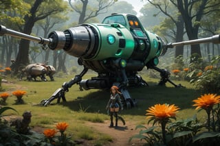  Spider Tank in a green meadow, , surrounded by nature, high detail in the face, bright orange flowers, sunny day, surrounded by small forest animals, high quality, great detail, enveloping atmosphere,AIDA_LoRA_yulzy,fantasy00d,fantai12,DonMG414 ,eggmantech,horror,hackedtech,full body, perfect hands,FFIXBG,wrench_elven_arch,outdoors,Beauty,ai ohto,1 girl,gigantic_breast,non-humanoid robot