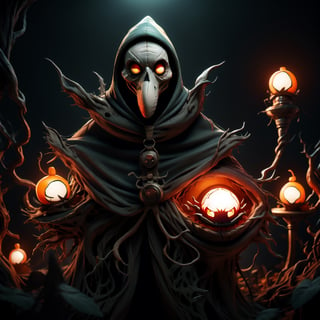 "death prophet" from Dota2 surrounded by her ghosts, glowing green eyes, full body shot, cinematic lighting, gloomy mood, horror,plague doctor,horror,Jack o 'Lantern, jack-o'-lantern monster, little elves with jack-o'-lantern heads, clash of clash, heterochromia,EpicArt,AGE REGRESSION,DonMG414