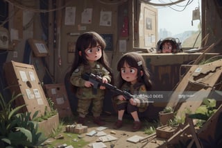 on the outside
assault rifle, holding a rifle, soldier clothing,
Iran, Afghanistan
fire, war crimes, apocalypse, war crimes, terrorism, terrorist, destroyed car

  assault rifle, firearm
Debris, destruction, ruined city, death and destruction.
​
2 girls
Angry, angry look, 
child, child focusloli focus, a girl dressed as a soldier, surrounded by war destruction, cloudy day, high quality, high detail, immersive atmosphere, fantai12,DonMG414, horror,full body,full_gear_soldier,full gear,soldier,Futuristic room