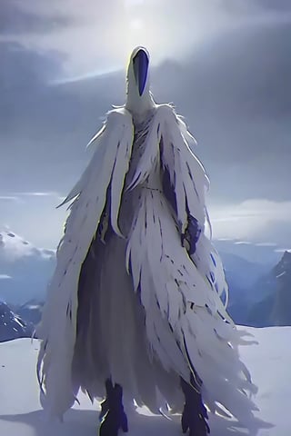 Opium bird, standing, feathers, white feathers, bird, birdman, humanoid, bird head, with extremely long beak, long beak, long mouth, full body, bird legs, bird arms, sinister, terrifying, beautiful , ragged, wide body, fat

High quality, HD, 4kHD, cinematic, atmospheric, realistic, ultra-realistic
snow, mountain, cloudy, gray sky, dark clouds
Detail,lora:largebulg1-000012:1,AIDA_NH_humans