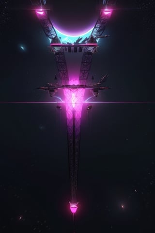 Art deco deep space exploration station flying towards a bright star, dark background, black space

,retrowavetech,ff14bg