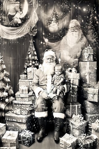 black and white photography.
High quality in the face, HD, extremely high quality in the face
Santa Claus with a small child on his knee, surrounded by gifts of various colors, Christmas atmosphere

Art style by Kate Baylay,
