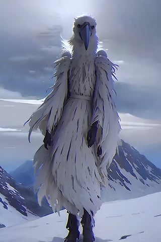 Opium bird, standing, feathers, white feathers, bird, birdman, humanoid, bird head, with extremely long beak, long beak, long mouth, full body, bird legs, bird arms, sinister, terrifying, beautiful , tattered

High quality, HD, 4kHD, cinematic, atmospheric, realistic, ultra-realistic
snow, mountain, cloudy, gray sky, dark cloudsMore Detail,lora:largebulg1-000012:1,AIDA_NH_humans