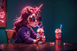 Unicorn with sunglasses drinking coke, COCA-COLA, drink, drinking coke, realistic, photorealistic, cinematic, Magical Fantasy style, Magical Fantasy style, neon photography style,3DMM