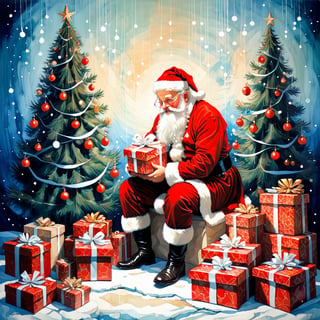 Santa Claus with a small child on his knee, surrounded by gifts, Christmas atmosphere

Art style by Kate Baylay