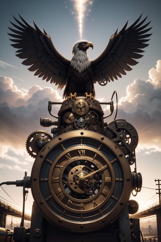 Generates an image of a majestic Steampunk-style robot eagle. Its body is meticulously constructed using intricate clockwork mechanisms, with gears and bronze parts forming its structure. Its rusted metal wings spread elegantly, displaying details of rivets and steam pipes. His eyes shine with an intense golden light, while his beak is adorned with brass ornaments. The eagle stands in an imposing pose, as if it is about to take flight into the steamy skies of a Steampunk city