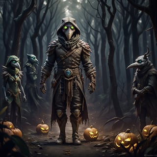 "death prophet" from Dota2 surrounded by her ghosts, glowing green eyes, full body shot, cinematic lighting, gloomy mood, horror,plague doctor,horror,Jack o 'Lantern