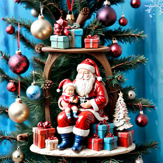 Santa Claus with a small child on his knee, surrounded by gifts of various colors, Christmas atmosphere

Art style by Kate Baylay,christmas_ornament