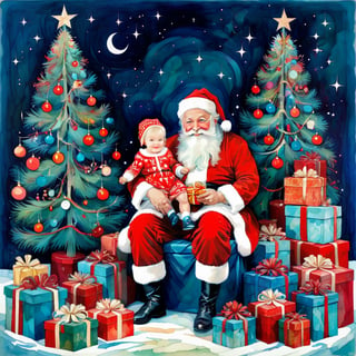 Santa Claus with a small child on his knee, surrounded by gifts of various colors, Christmas atmosphere

Art style by Kate Baylay
