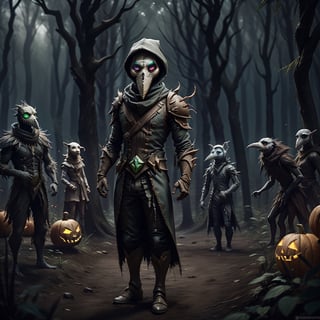 "death prophet" from Dota2 surrounded by her ghosts, glowing green eyes, full body shot, cinematic lighting, gloomy mood, horror,plague doctor,horror,Jack o 'Lantern