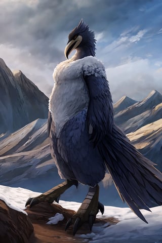 Opium bird, standing, feathers, white feathers, bird, birdman, humanoid, bird head, with extremely long beak, long beak, long mouth, full body, bird legs, bird arms, sinister, terrifying, beautiful , ragged, wide body, fat

High quality, HD, 4kHD, cinematic, atmospheric, realistic, ultra-realistic
snow, mountain, cloudy, gray sky, dark clouds
Detail,lora:largebulg1-000012:1,AIDA_NH_humans,Pixel art,lora:largebulg1-000012:1,lora:largebulg1-000012:1