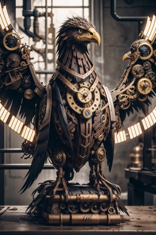 Generates an image of a majestic Steampunk-style robot eagle. Its body is meticulously constructed using intricate clockwork mechanisms, with gears and bronze parts forming its structure. Its rusted metal wings spread elegantly, displaying details of rivets and steam pipes. His eyes shine with an intense golden light, while his beak is adorned with brass ornaments. The eagle stands in an imposing pose, as if it is about to take flight into the steamy skies of a Steampunk city